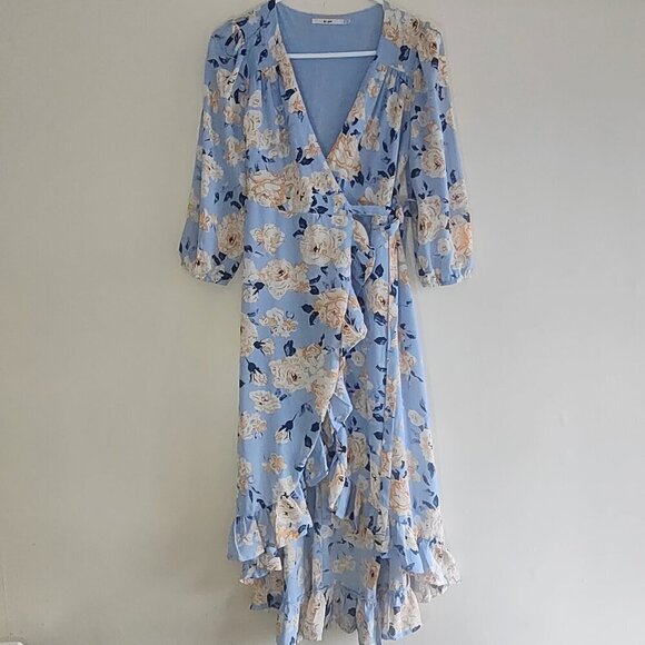 MI AMI Floral Wrap Dress Garden Flowy Feminine Ruffles Puff Sleeve Size Small - Picture 2 of 9